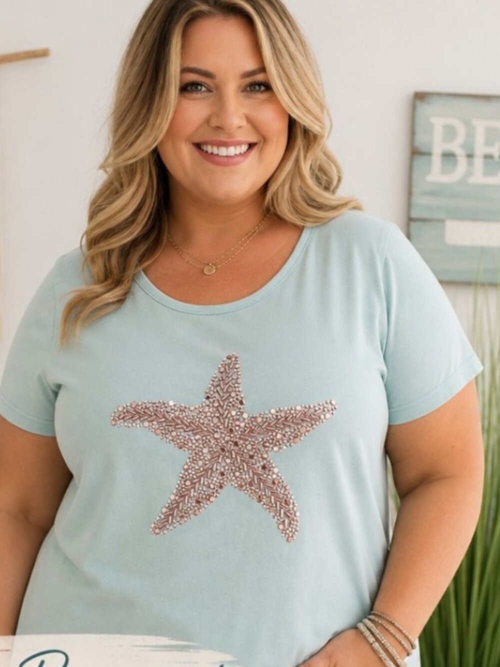 Coral Bay Starfish Tee– Soft Aqua Green, Embellished Sequin Design, Beach Vibes - Picture 2 of 9
